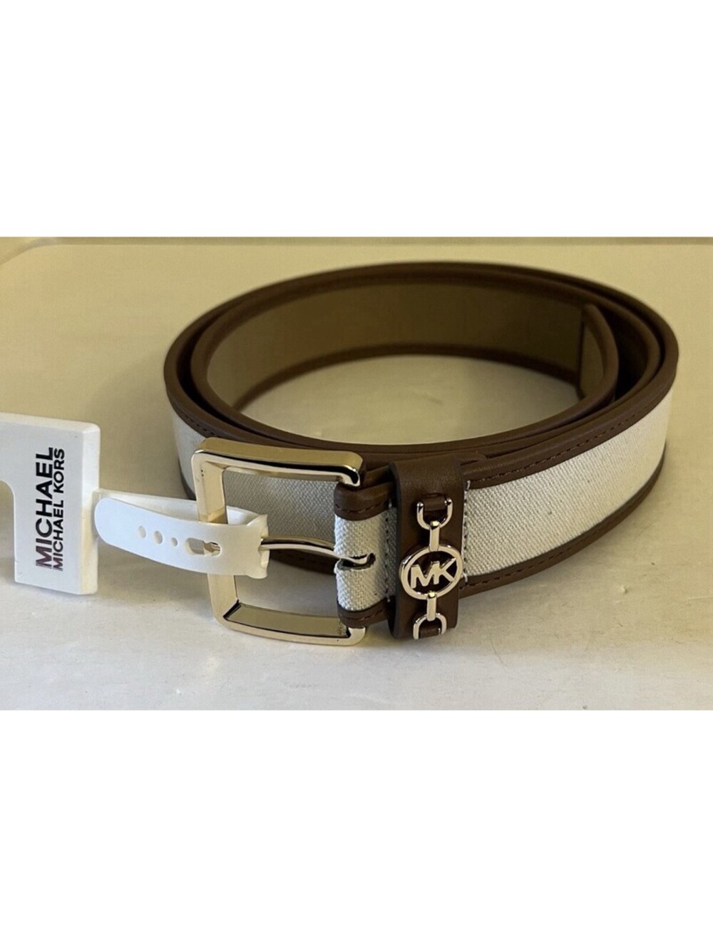 Michael Kors Belt MK Logo “Vanilla” Beige & Brown Women’s Large Adjustable New